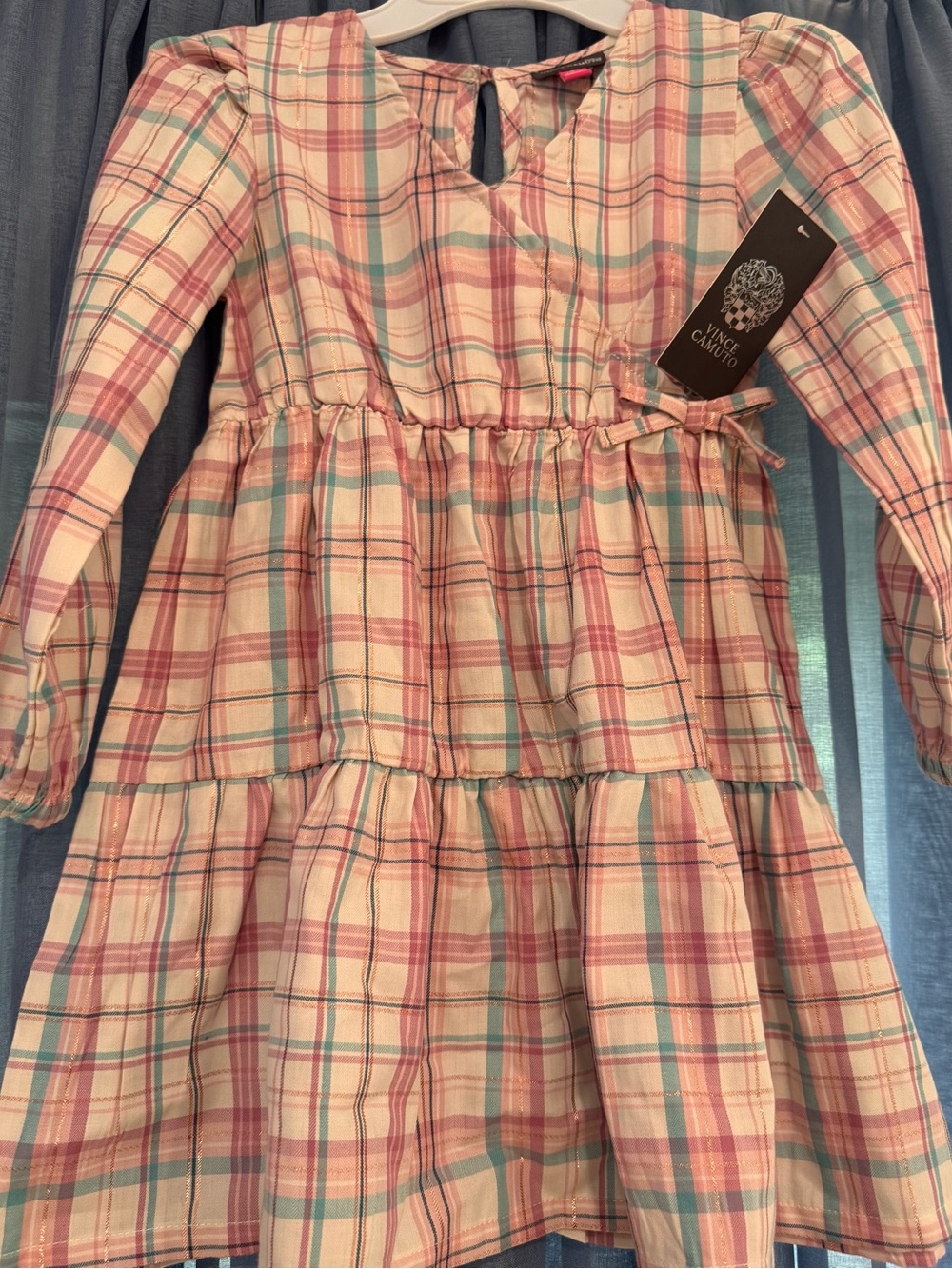 Vince Camuto Pink, Cream & Blue Plaid Tiered Dress with beautiful metallic strip